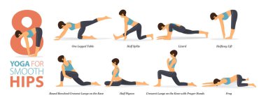 Infographic 8 Yoga düz tasarımda düz kalçalar kavramında evde egzersiz için poz veriyor. Kadınlar vücut esneme egzersizi yapıyor. Fitness bilgisi için yoga duruşu ya da asana. Düz Çizgi film Vektör İllüstrasyonu.