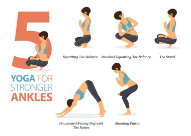 Infographic 5 Yoga düz dizaynlı güçlü ayak bilekleri kavramında evde egzersiz için poz veriyor. Kadınlar vücut esneme egzersizi yapıyor. Fitness bilgisi için yoga duruşu ya da asana. Düz Çizgi film Vektör İllüstrasyonu.