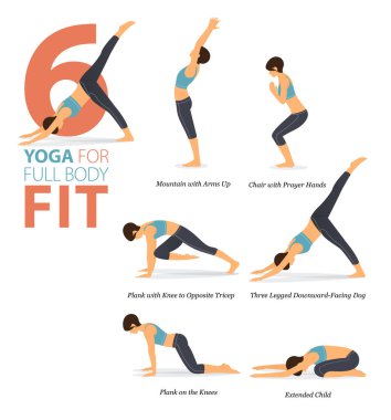 Infographic 6 Yoga, düz tasarım konseptiyle evde egzersiz için poz veriyor. Kadınlar vücut esneme egzersizi yapıyor. Fitness bilgisi için yoga duruşu ya da asana. Düz Çizgi film Vektör İllüstrasyonu.