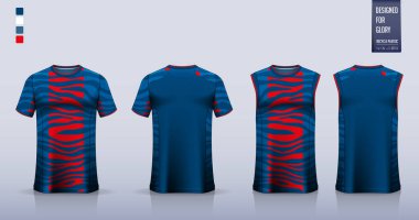 Tişört modeli, futbol forması için spor gömlek şablonu tasarımı, futbol takımı. Basketbol forması için atlet, koşan atlet. Önde ve arkada spor üniformaları için kumaş desenleri var. Vektör İllüstrasyonu