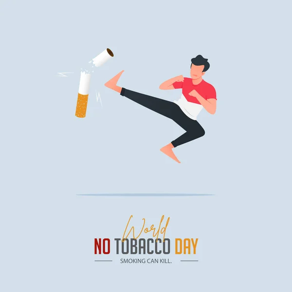 五月三十一日世界无烟日海报设计 男人踢拳击香烟的定义是男人为戒烟而奋斗 停止吸烟海报的疾病警告 禁止吸烟横幅 卡通矢量图解 — 图库矢量图片