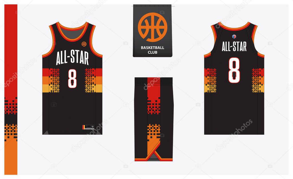 Basketball uniform mockup template design for sport club. Basketball jersey, basketball shorts in front, back view and side view. Basketball logo design. Vector Illustration
