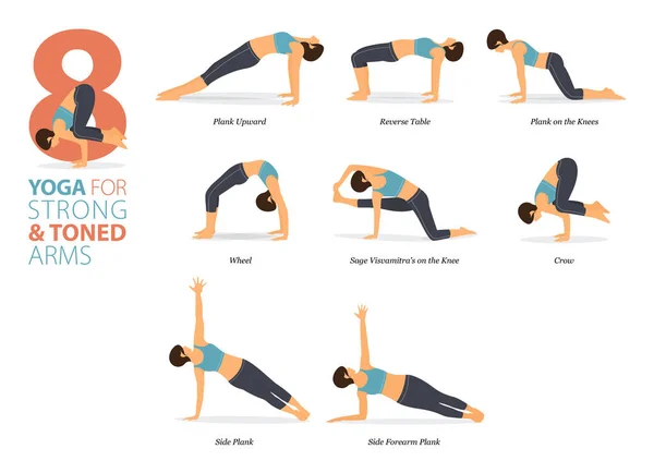 Infographie Poses Yoga Pour Entraînement Maison Dans Concept Bras Forts — Image vectorielle