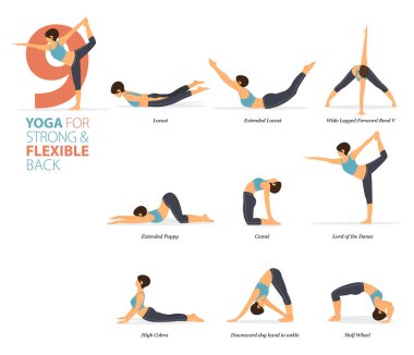 Infographic 9 Yoga, düz dizaynda güçlü ve esnek kavramı ile evde çalışmak için poz veriyor. Kadınlar vücut esneme egzersizi yapıyor. Fitness bilgisi için yoga duruşu ya da asana. Düz Çizgi film Vektör İllüstrasyonu.