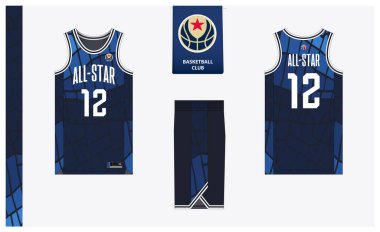 Spor kulübü için basketbol forması şablonu tasarımı. Basketbol forması, öndeki basketbol şortu, arka görüş ve yan görüş. Basketbol logosu tasarımı. Vektör İllüstrasyonu