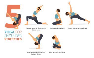 Infographic 5 Yoga düz tasarımda omuz esnetme kavramında evde egzersiz için poz veriyor. Kadınlar vücut esneme egzersizi yapıyor. Fitness bilgisi için yoga duruşu ya da asana. Düz Çizgi film Vektör İllüstrasyonu.