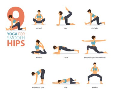 Infographic 9 Yoga düz tasarımda düz kalçalar kavramında evde egzersiz için poz veriyor. Kadınlar vücut esneme egzersizi yapıyor. Fitness bilgisi için yoga duruşu ya da asana. Düz Çizgi film Vektör İllüstrasyonu.