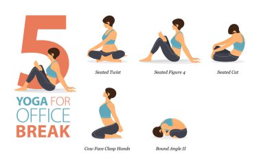 Infographic 5 Yoga, düz tasarımda ofis molası kavramında evde çalışmak için poz veriyor. Kadınlar vücut esneme egzersizi yapıyor. Fitness bilgisi için yoga duruşu ya da asana. Düz Çizgi film Vektör İllüstrasyonu.