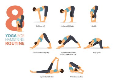 Infographic 8 Yoga, düz dizaynda diz kapağı konsepti olarak evde egzersiz için poz veriyor. Kadınlar vücut esneme egzersizi yapıyor. Fitness bilgisi için yoga duruşu ya da asana. Düz Çizgi film Vektör İllüstrasyonu.