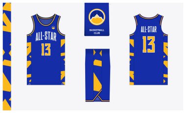 Spor kulübü için basketbol forması şablonu tasarımı. Basketbol forması, öndeki basketbol şortu, arka görüş ve yan görüş. Basketbol logosu tasarımı. Vektör İllüstrasyonu