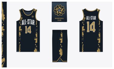 Spor kulübü için basketbol forması şablonu tasarımı. Basketbol forması, öndeki basketbol şortu, arka görüş ve yan görüş. Basketbol logosu tasarımı. Vektör İllüstrasyonu