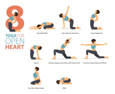 Infographic 8 Yoga düz tasarımda açık kalp kavramında evde egzersiz için poz veriyor. Kadınlar vücut esneme egzersizi yapıyor. Fitness bilgisi için yoga duruşu ya da asana. Düz Çizgi film Vektör İllüstrasyonu.
