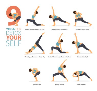 Infographic 9 Yoga, kendinizi detoks konseptiyle evde çalıştırmak için poz veriyor. Kadınlar vücut esneme egzersizi yapıyor. Fitness bilgisi için yoga duruşu ya da asana. Düz Çizgi film Vektör İllüstrasyonu.