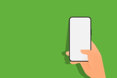 Cep telefonunu dikey olarak beyaz ekranlı düz bir şekilde tut. Siyah akıllı telefon boş ekranı, bayrak için kadın ya da erkek eli. Düz dizayn izole. Vektör