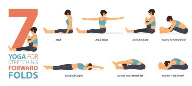 Infographic 7 Yoga düz dizaynlı ileri katlama kavramında evde egzersiz için poz veriyor. Kadınlar vücut esneme egzersizi yapıyor. Fitness bilgisi için yoga duruşu ya da asana. Düz Çizgi film Vektör İllüstrasyonu.