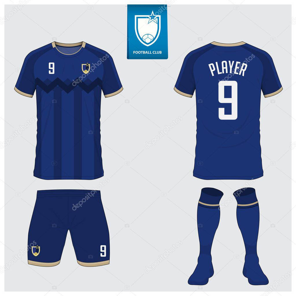 Set of soccer jersey or football kit mockup design for football club. Football shirt, short, sock template. Soccer uniform in front view, back view. Football badge in flat design. Vector Illustration.
