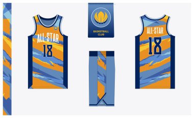 Spor kulübü için basketbol forması şablonu tasarımı. Basketbol forması, öndeki basketbol şortu, arka görüş ve yan görüş. Basketbol logosu tasarımı. Vektör İllüstrasyonu