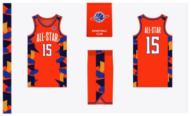 Spor kulübü için basketbol forması şablonu tasarımı. Basketbol forması, öndeki basketbol şortu, arka görüş ve yan görüş. Basketbol logosu tasarımı. Vektör İllüstrasyonu