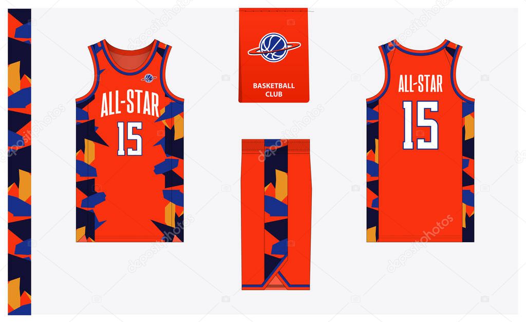 Basketball uniform mockup template design for sport club. Basketball jersey, basketball shorts in front, back view and side view. Basketball logo design. Vector Illustration