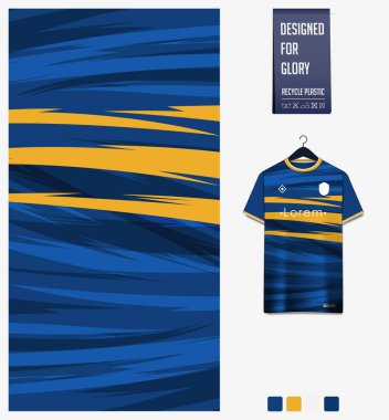 Futbol forması desenli tasarım. Futbol takımı, futbol takımı, bisiklet, e-spor, basketbol, tişört modelleme şablonu için mavi arka planda soyut desen. Kumaş deseni. Soyut arkaplan. Vektör İllüstrasyonu.