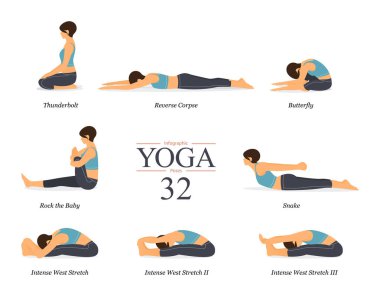 8 yoga pozu ya da düz dizayn Asana duruşu. Mavi spor giysili ve siyah yoga pantolonlu güzel kadın vücut esneme egzersizi yapıyor. Yoga bilgi grafikleri. Vektör illüstrasyonu.
