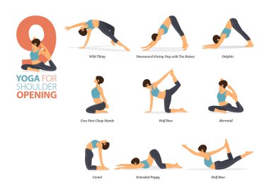 Infographic 9 Yoga düz tasarımda omuz açma kavramında evde egzersiz için poz veriyor. Kadınlar vücut esneme egzersizi yapıyor. Fitness bilgisi için yoga duruşu ya da asana. Düz Çizgi film Vektör İllüstrasyonu.