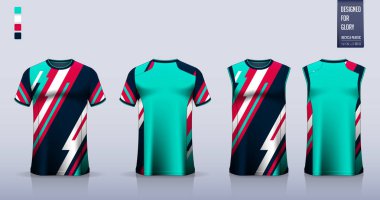 Tişört modeli, futbol forması için spor gömlek şablonu tasarımı, futbol takımı. Basketbol forması için atlet, koşan atlet. Önde ve arkada spor üniformaları için kumaş desenleri var. Vektör İllüstrasyonu