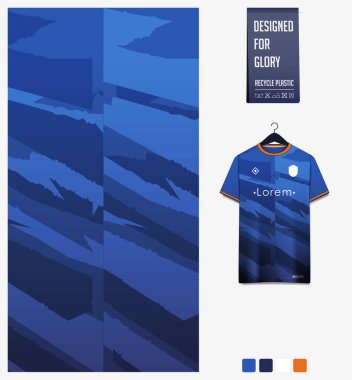 Futbol forması desenli tasarım. Mavi arka planda futbol takımı, futbol takımı, bisiklet, e-spor, basketbol, tişört modelleme şablonu için Grunge deseni. Kumaş deseni. Soyut arkaplan. Vektör İllüstrasyonu.