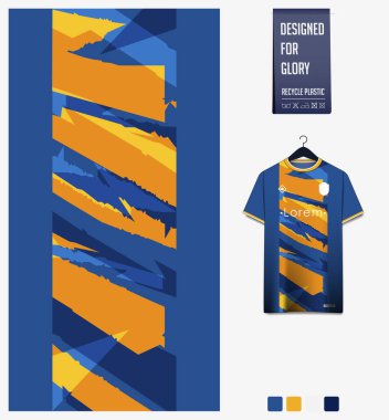 Futbol forması desenli tasarım. Mavi arka planda futbol takımı, futbol takımı, bisiklet, e-spor, basketbol, tişört modelleme şablonu için Grunge deseni. Kumaş deseni. Soyut arkaplan. Vektör İllüstrasyonu.