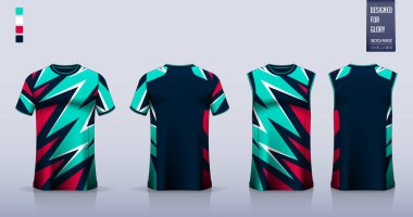 Tişört modeli, futbol forması için spor gömlek şablonu tasarımı, futbol takımı. Basketbol forması için atlet, koşan atlet. Önde ve arkada spor üniformaları için kumaş desenleri var. Vektör İllüstrasyonu