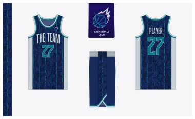 Spor kulübü için basketbol forması şablonu tasarımı. Basketbol forması, öndeki basketbol şortu, arka görüş ve yan görüş. Basketbol logosu tasarımı. Vektör İllüstrasyonu