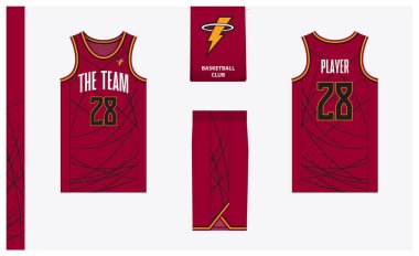 Spor kulübü için basketbol forması şablonu tasarımı. Basketbol forması, öndeki basketbol şortu, arka görüş ve yan görüş. Basketbol logosu tasarımı. Vektör İllüstrasyonu