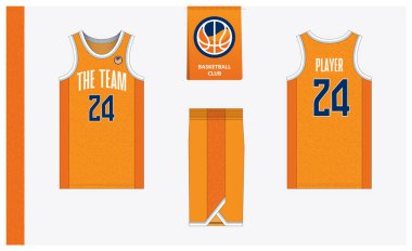 Spor kulübü için basketbol forması şablonu tasarımı. Basketbol forması, öndeki basketbol şortu, arka görüş ve yan görüş. Basketbol logosu tasarımı. Vektör İllüstrasyonu
