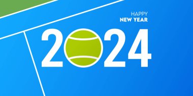 Yaratıcı 2024 mutlu yeni yıl tebrik kartı ve sosyal medya paylaşımı ya da tenis ya da spor konseptinde pankart tasarımı. Vektör İllüstrasyonu.