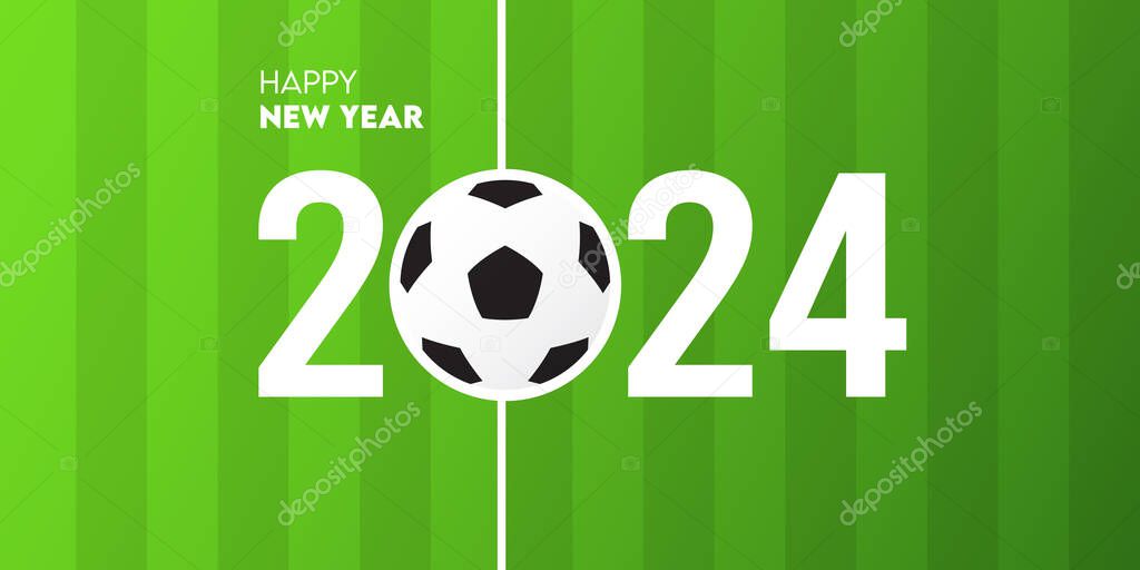 Creative 2024 happy new year celebration greeting card and social media post or banner design template in football or soccer concept. Vector Illustration.