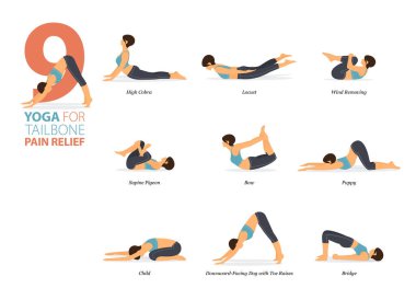 Infographic 9 Yoga, düz tasarımda kuyruk sokumu ağrısını azaltma kavramında evde egzersiz için poz veriyor. Kadınlar vücut esneme egzersizi yapıyor. Fitness bilgisi için yoga duruşu ya da asana. Düz Çizgi film Vektör İllüstrasyonu.
