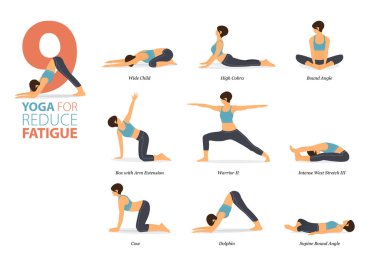 Infographic 9 Yoga düz dizayndaki yorgunluğu azaltmak için evde egzersiz için poz veriyor. Kadınlar vücut esneme egzersizi yapıyor. Fitness bilgisi için yoga duruşu ya da asana. Düz Çizgi film Vektör İllüstrasyonu.
