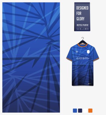 Futbol forması desenli tasarım. Futbol takımı, futbol takımı, bisiklet, e-spor, basketbol, tişört modelleme şablonu için mavi arka planda geometrik desen. Kumaş deseni. Soyut arkaplan. Vektör İllüstrasyonu.