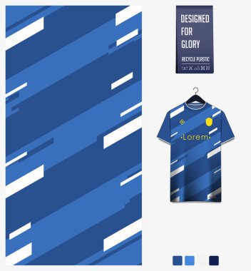 Futbol forması desenli tasarım. Futbol takımı, futbol takımı, bisiklet, e-spor, basketbol, tişört modelleme şablonu için mavi arka planda geometrik desen. Kumaş deseni. Soyut arkaplan. Vektör İllüstrasyonu.