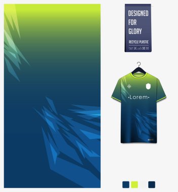 Futbol forması desenli tasarım. Futbol takımı, futbol takımı, bisiklet, e-spor, basketbol, tişört modeli için yeşil arka planda soyut desen. Kumaş deseni. Soyut arkaplan. Vektör İllüstrasyonu.