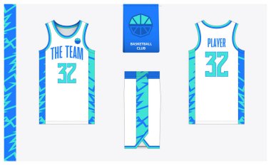 Spor kulübü için basketbol forması şablonu tasarımı. Basketbol forması, öndeki basketbol şortu, arka görüş ve yan görüş. Basketbol logosu tasarımı. Vektör İllüstrasyonu