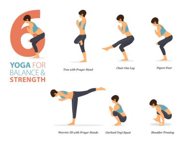 Infographic 6 Yoga poses for workout at home in concept of balance and strength in flat design. Women exercising for body stretching. Yoga posture or asana for fitness infographic. Flat Cartoon Vector Illustration.