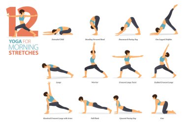 Infographic 12 Yoga, düz dizayn Sabah Esnemeleri konseptinde evde egzersiz için poz veriyor. Kadınlar vücut esneme egzersizi yapıyor. Fitness bilgisi için yoga duruşu ya da asana. Düz Çizgi film Vektör İllüstrasyonu.