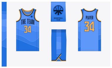 Spor kulübü için basketbol forması şablonu tasarımı. Basketbol forması, öndeki basketbol şortu, arka görüş ve yan görüş. Basketbol logosu tasarımı. Vektör İllüstrasyonu