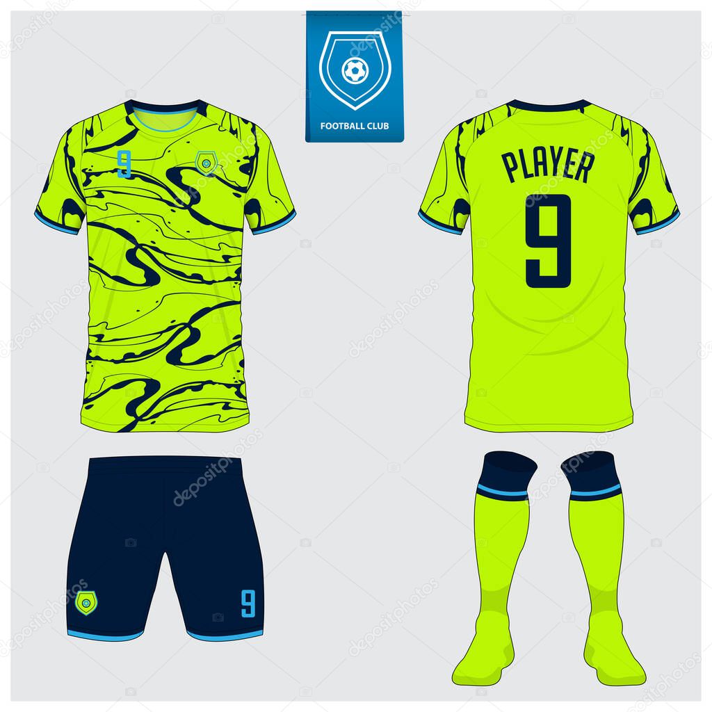 Set of soccer jersey or football kit mockup design for football club. Football shirt, short, sock template. Soccer uniform in front view, back view. Football badge in flat design. Vector Illustration.