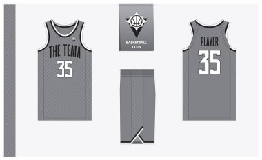 Spor kulübü için basketbol forması şablonu tasarımı. Basketbol forması, öndeki basketbol şortu, arka görüş ve yan görüş. Basketbol logosu tasarımı. Vektör İllüstrasyonu