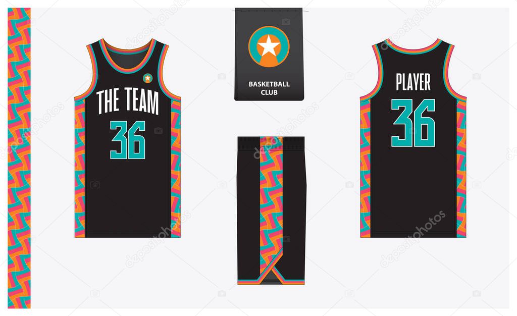 Basketball uniform mockup template design for sport club. Basketball jersey, basketball shorts in front, back view and side view. Basketball logo design. Vector Illustration