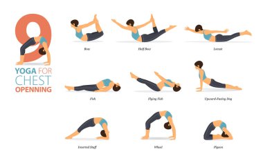 Infographic 9 Yoga düz tasarımda Göğüs Açılımı kavramında evde egzersiz için poz veriyor. Kadınlar vücut esneme egzersizi yapıyor. Fitness bilgisi için yoga duruşu ya da asana. Düz Çizgi film Vektör İllüstrasyonu.