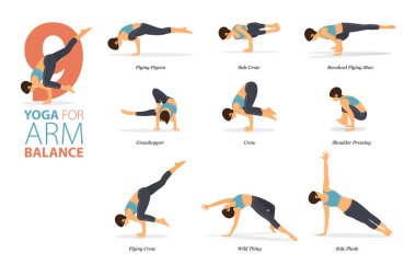 Infographic 9 Yoga düz dizaynlı Kol Dengesi kavramında evde egzersiz için poz veriyor. Kadınlar vücut esneme egzersizi yapıyor. Fitness bilgisi için yoga duruşu ya da asana. Düz Çizgi film Vektör İllüstrasyonu.