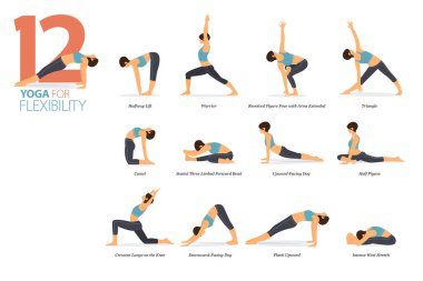Infographic 12 Yoga düz tasarımda esneklik kavramında evde egzersiz için poz veriyor. Kadınlar vücut esneme egzersizi yapıyor. Fitness bilgisi için yoga duruşu ya da asana. Düz Çizgi film Vektör İllüstrasyonu.